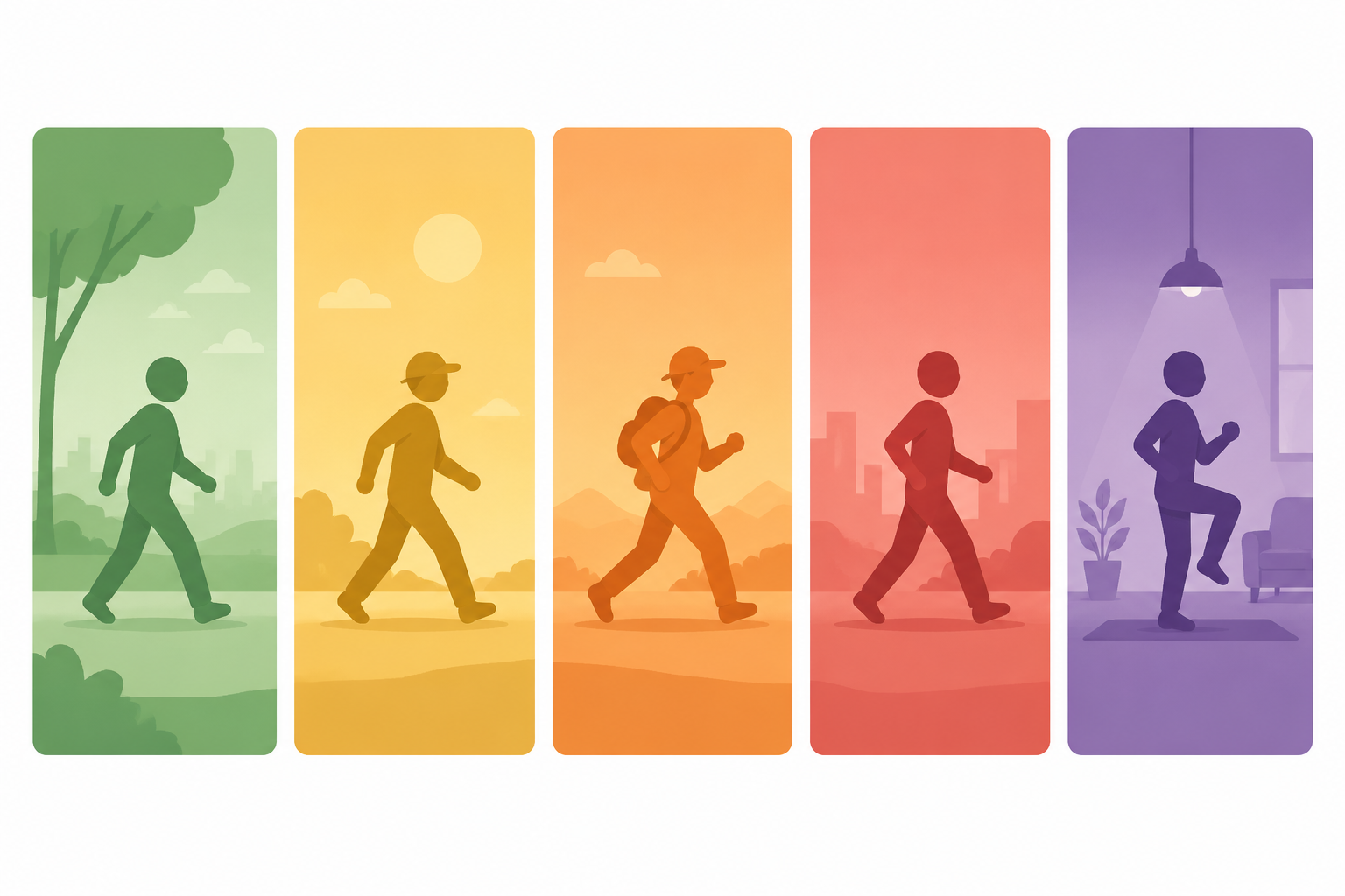 Color-coded AQI decision cards moving from outdoor walking to modified activity and indoor substitution