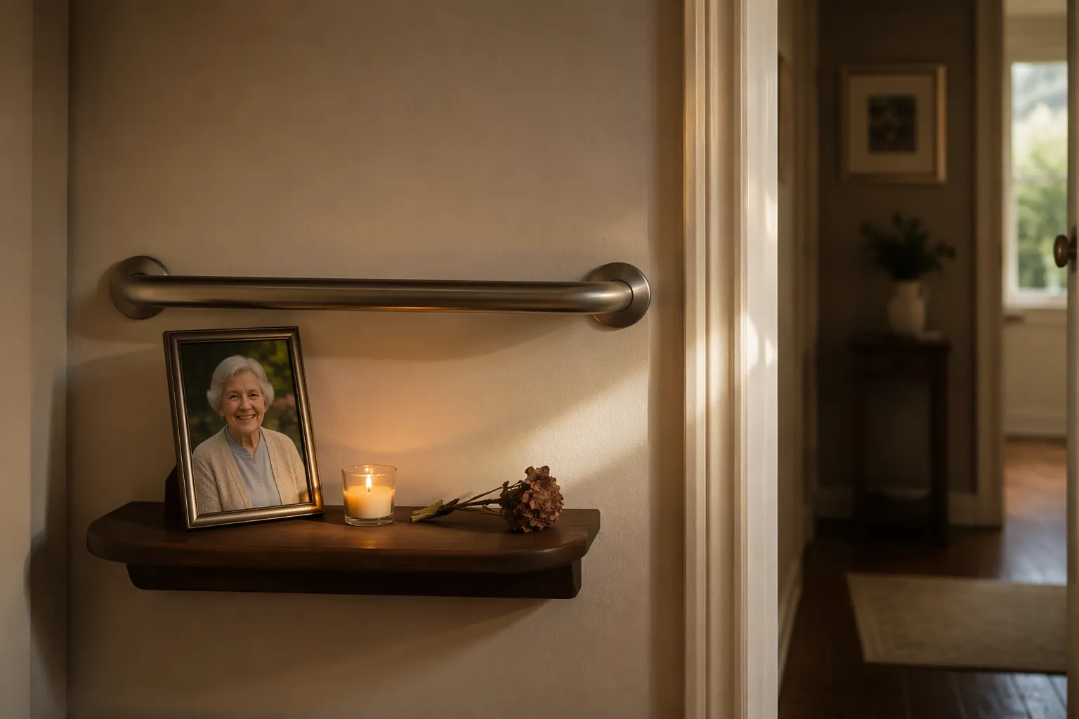 A remembrance corner with a grab bar, framed photograph, candle, and dried flower