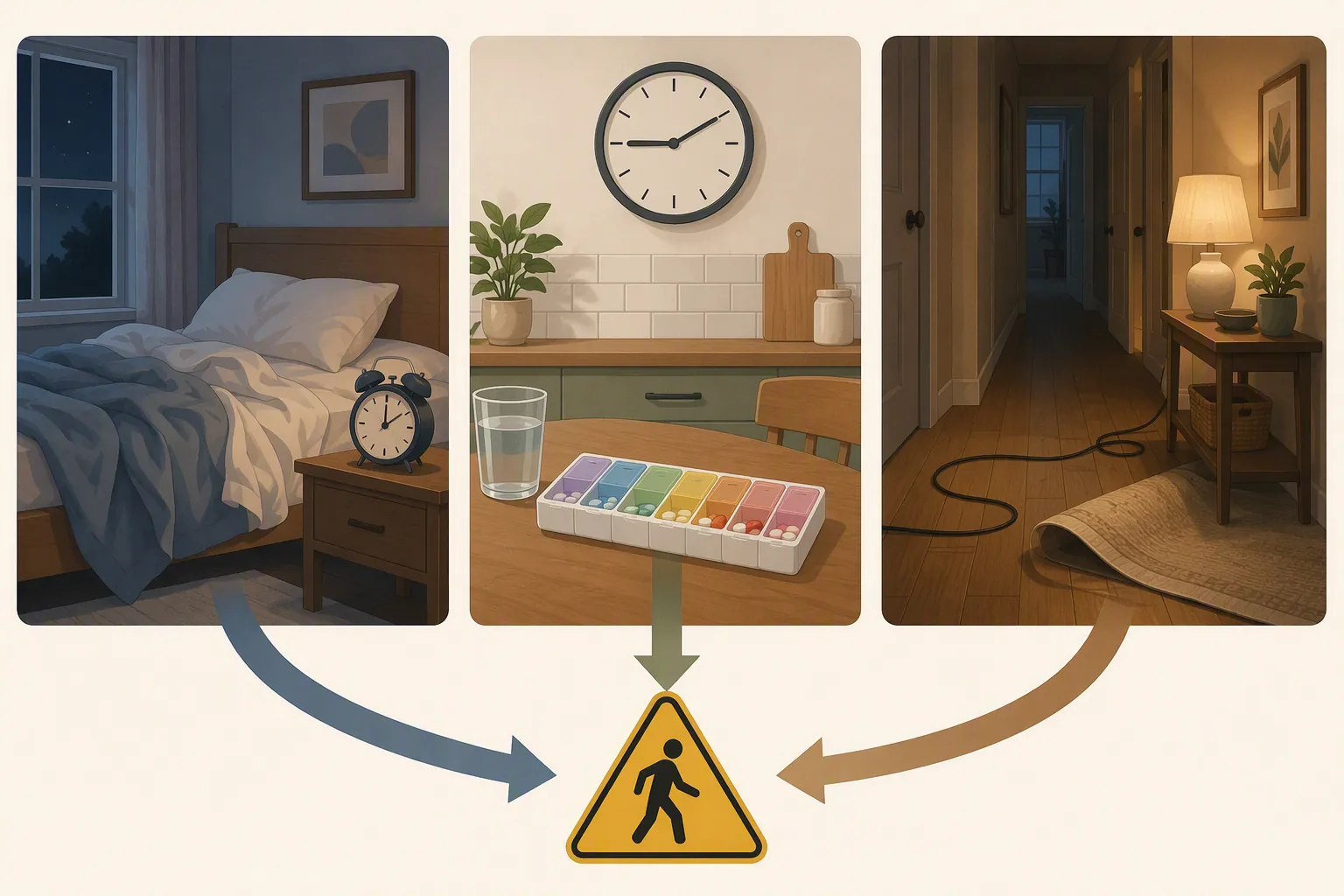 Illustration linking sleep disruption, medication timing, and dim hallway hazards to fall risk around a clock change