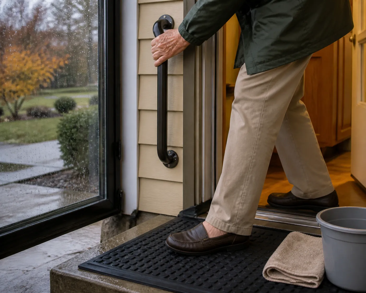 Rainy entryway with an older adult using a grab bar beside a non-slip mat