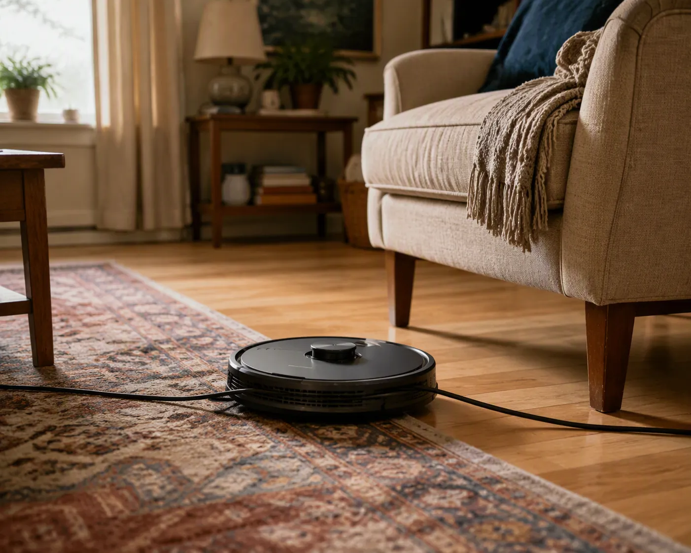 Robot vacuum stopped near a rug edge and power cord beside a low armchair