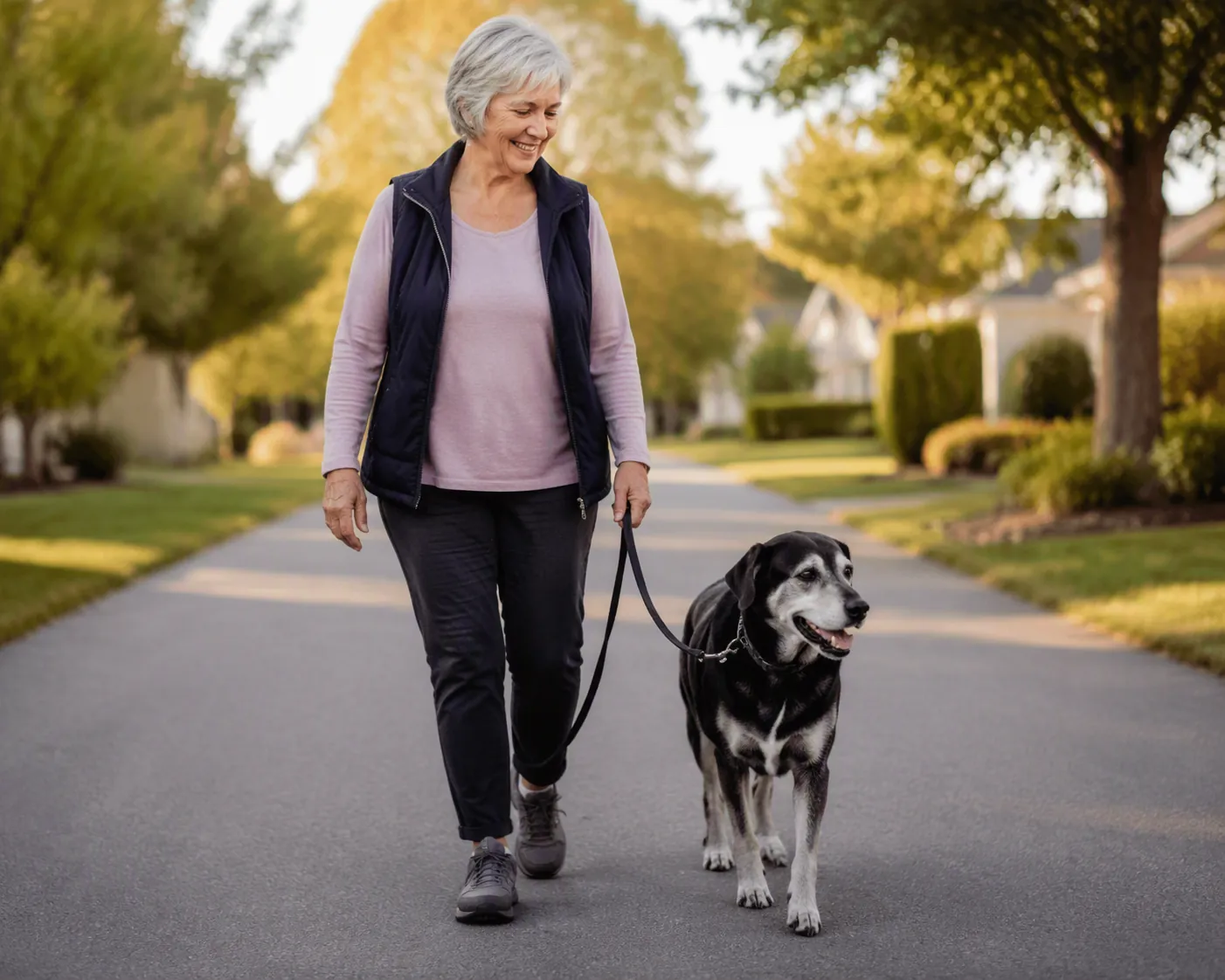 Older adult walking a calm gray-muzzled senior dog on a loose leash along a smooth dry path
