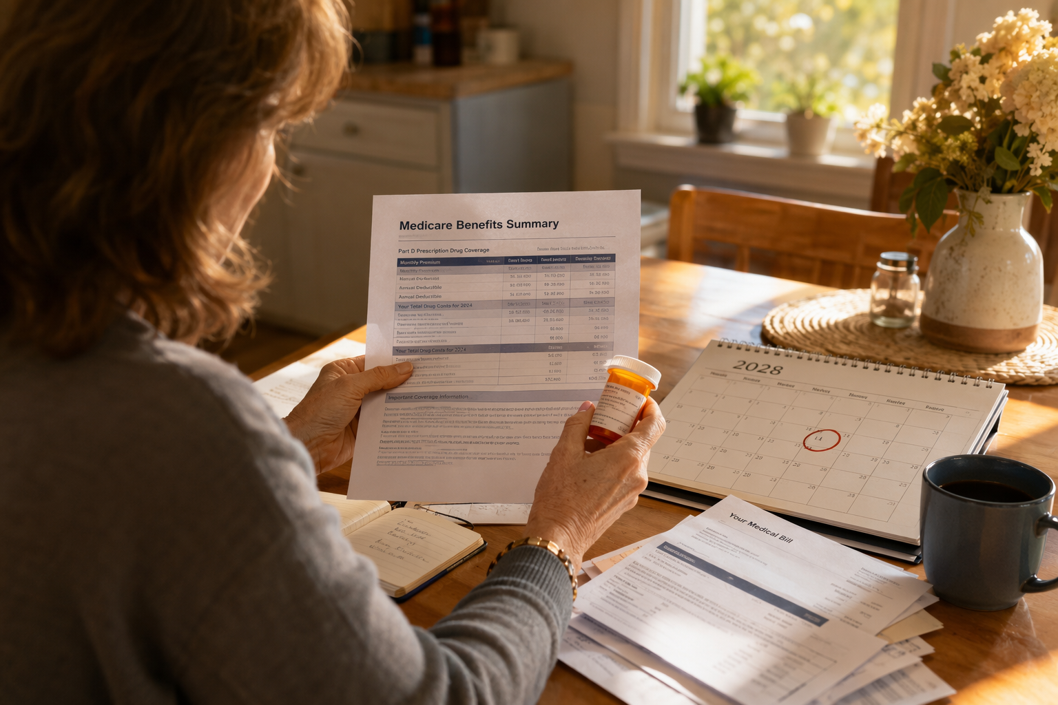 A kitchen table with Medicare paperwork, a prescription bottle, and a calendar open to 2028 with scattered medical bills.