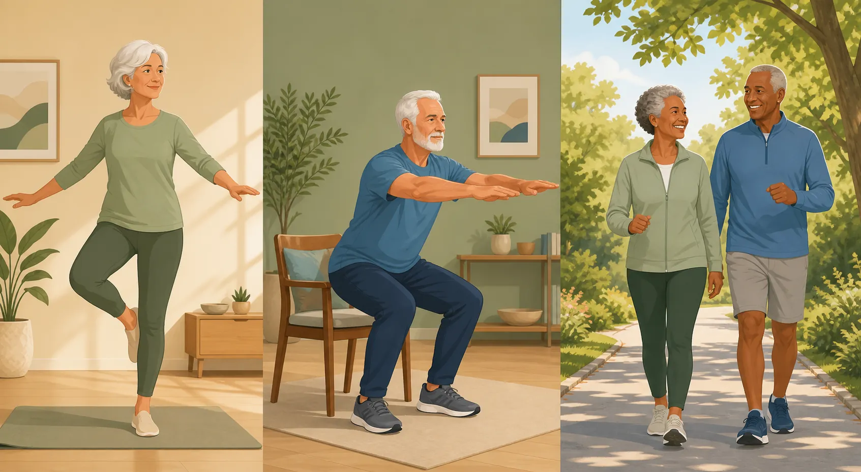 Illustration of a senior woman balancing, a senior man doing a chair-supported squat, and two seniors walking outdoors