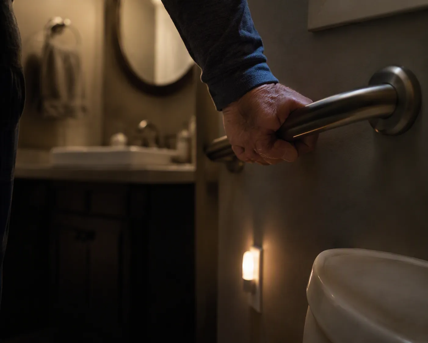 An older adult grips a bathroom grab bar at night, suggesting unsteadiness during a nighttime bathroom trip