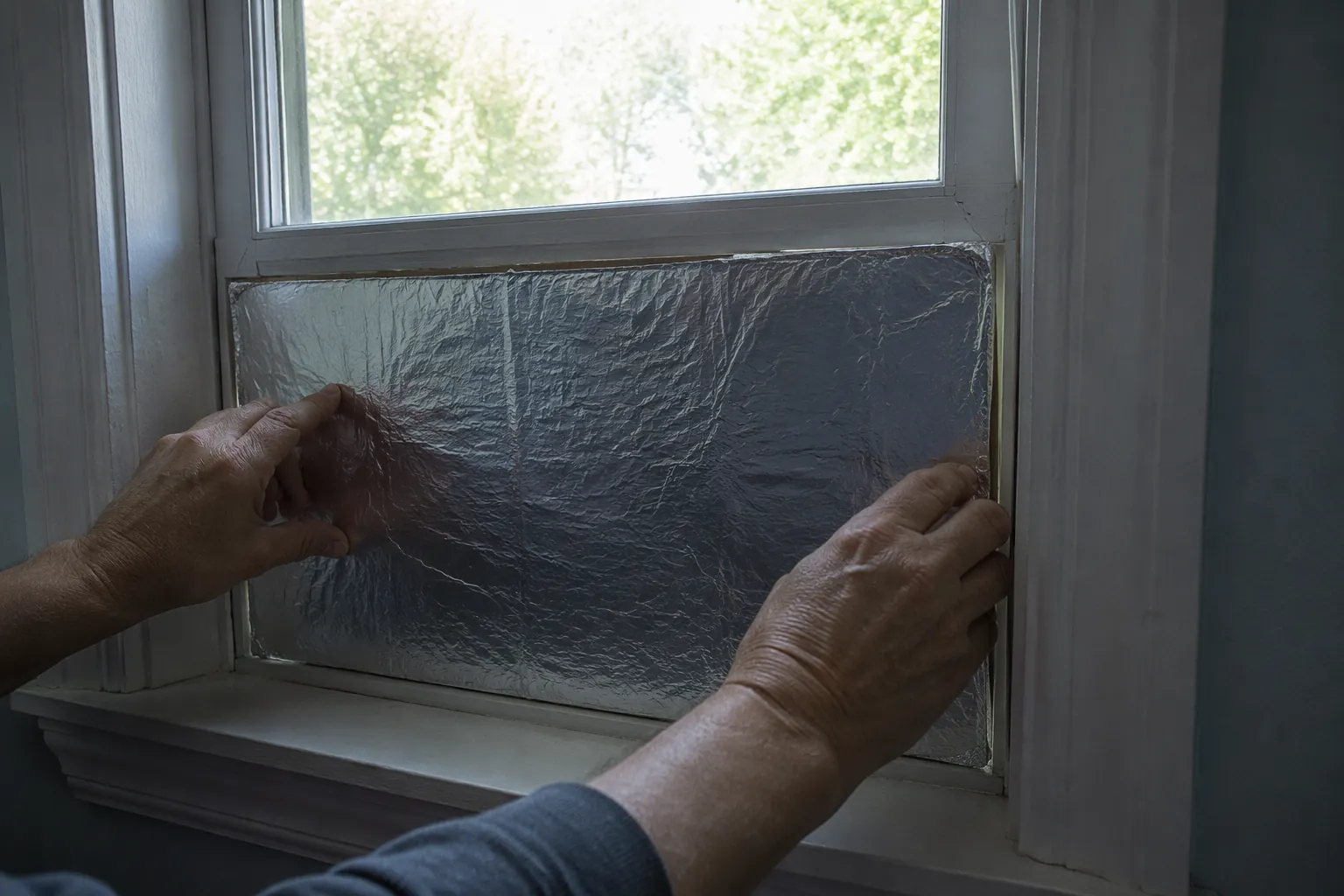 Hands fitting an aluminum foil cardboard reflector into a sunny window