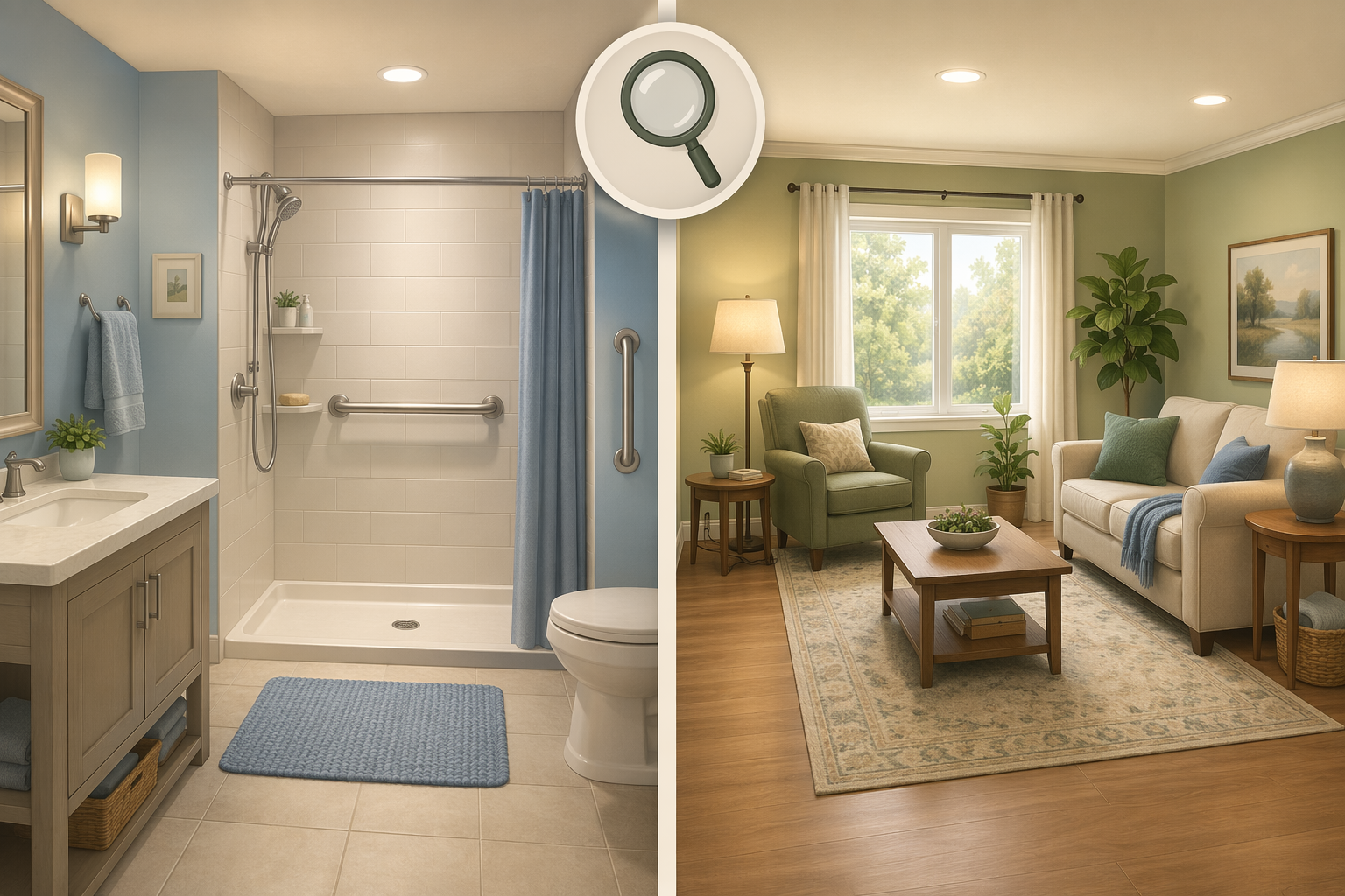 Split-view illustration showing a bathroom with grab bars and non-slip mat on the left, and a living room with cleared walking paths and tucked cords on the right.