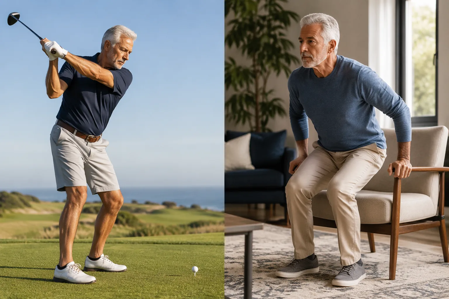 Older adult showing a balanced golf swing and a controlled chair stand to demonstrate strength transfer