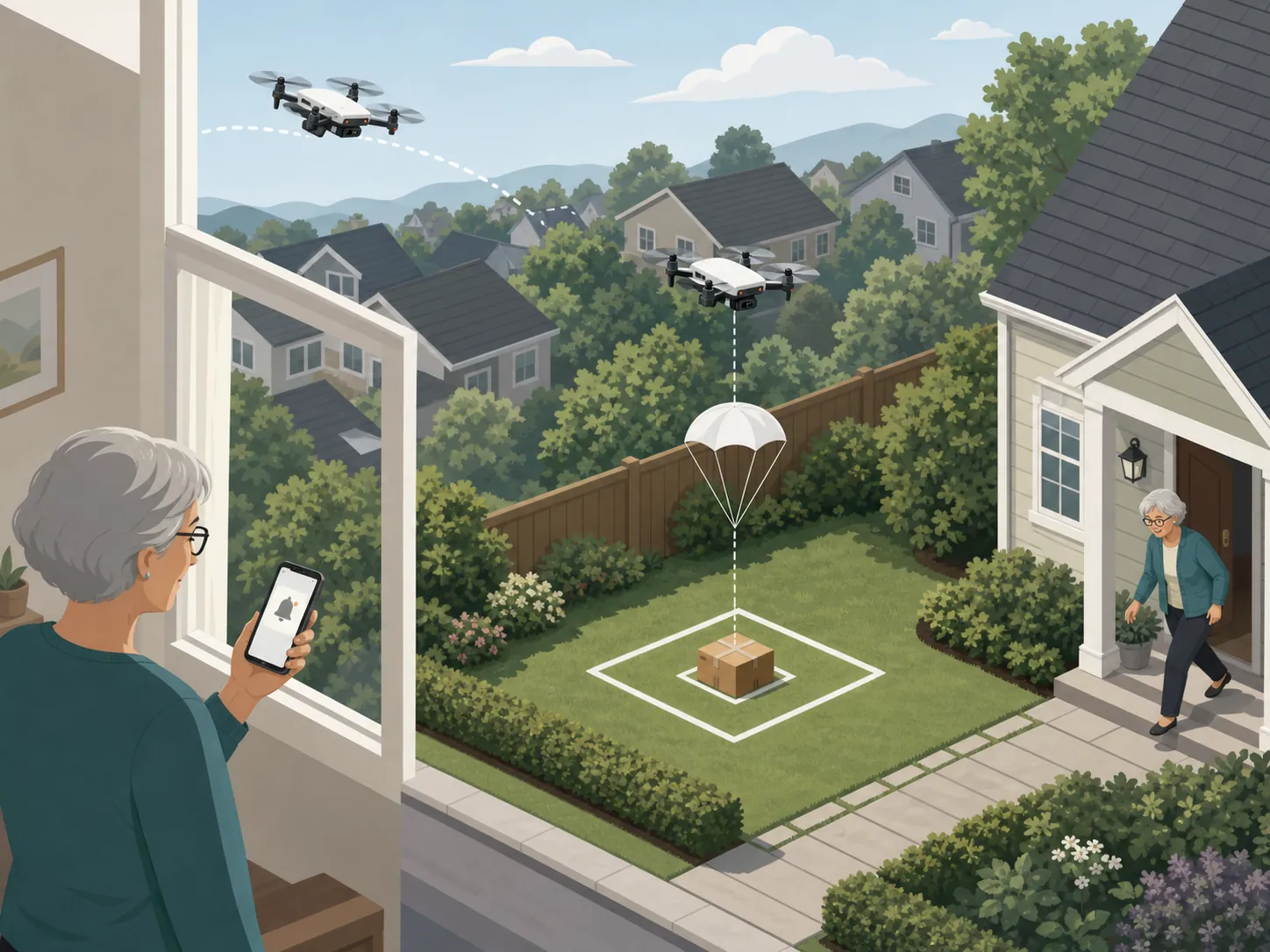 An illustrated drone delivery workflow showing a phone alert, a drone flight, a parachute drop, and an older adult retrieving a package
