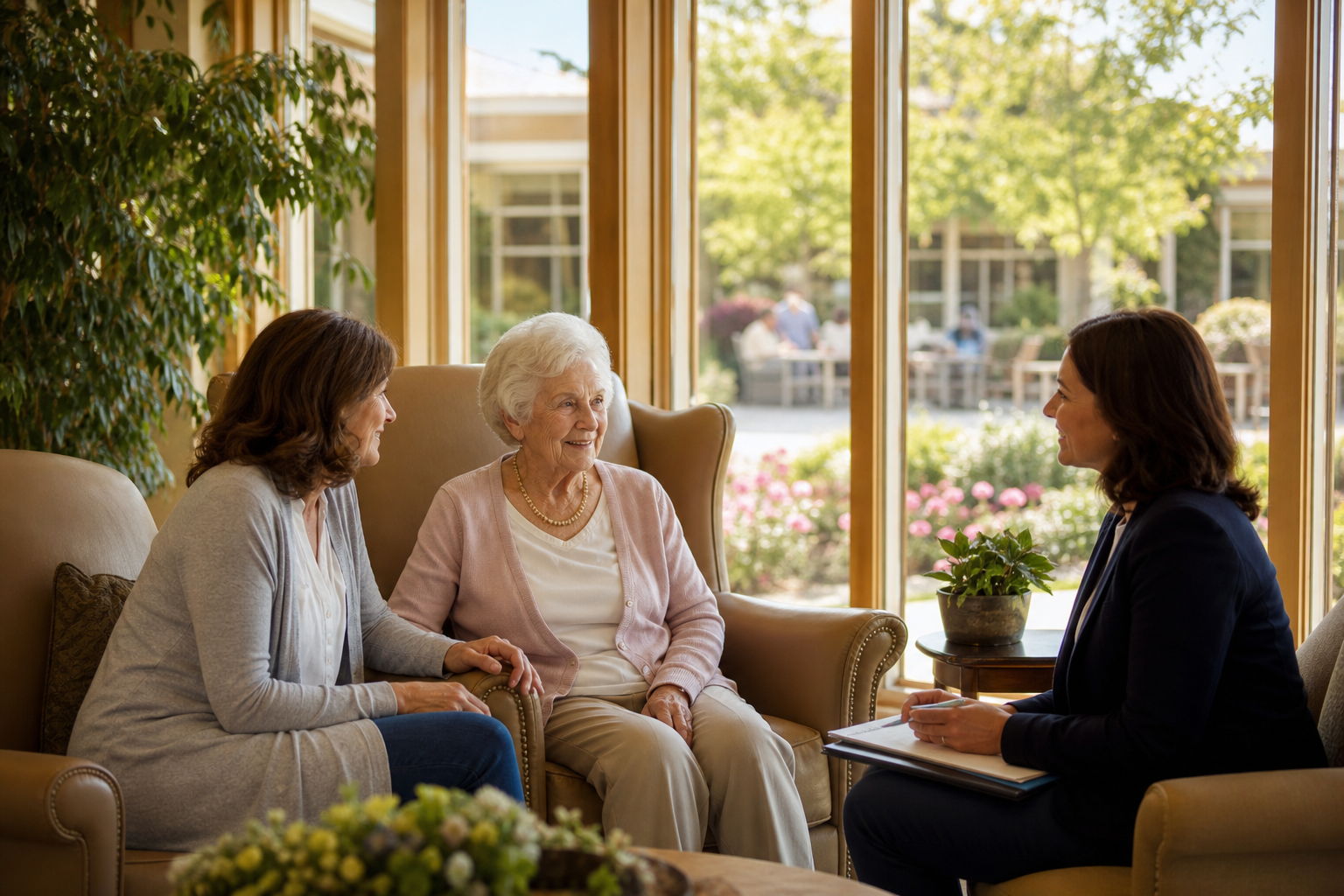 A multi-generational family — an adult child in their 40s and their elderly mother — sit in a sunlit senior care lounge conversing with a warm, professional staff member. Large windows show a landscaped campus with walking paths and garden seating. Warm earth tones and natural light create a reassuring atmosphere.
