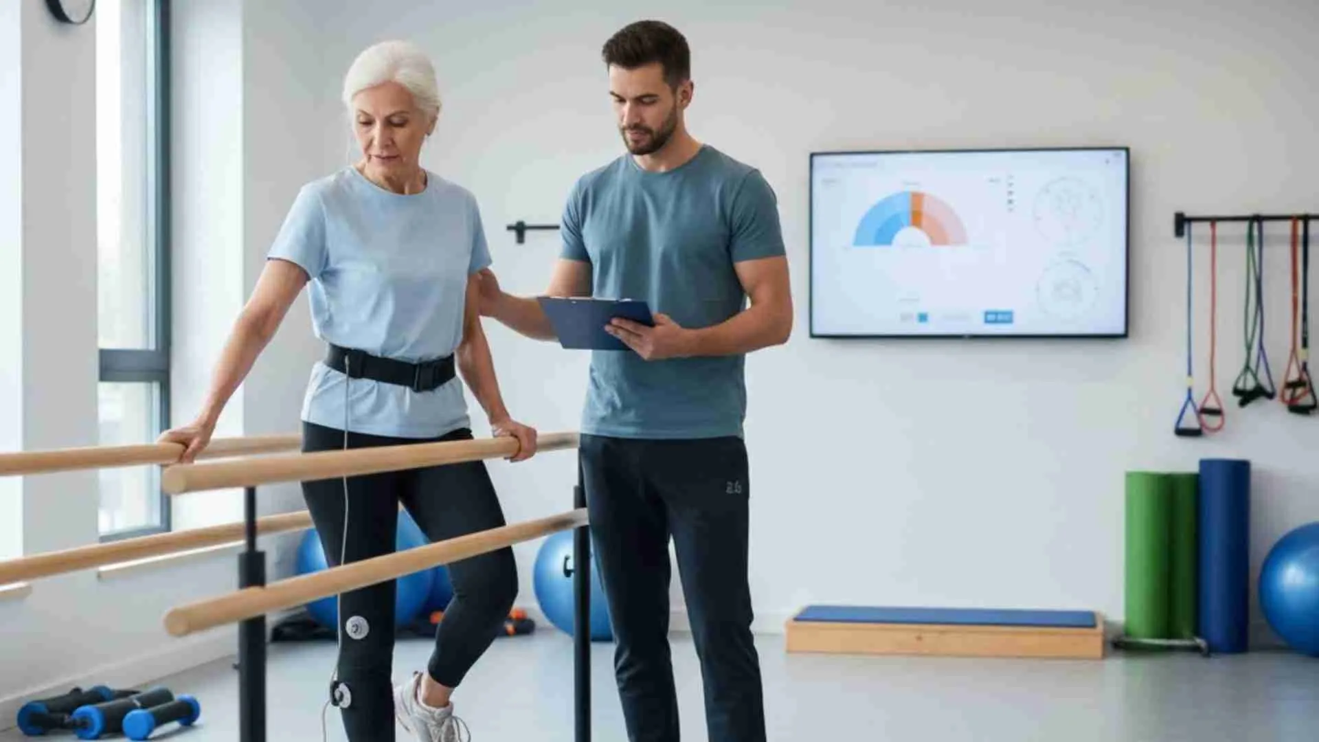 Physical therapist assessing an older adult's balance and fall risk