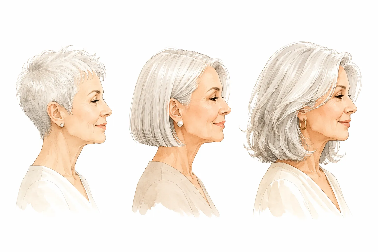 Three hairstyle silhouettes showing a pixie crop, chin-length bob, and shoulder-length lob as styling effort increases