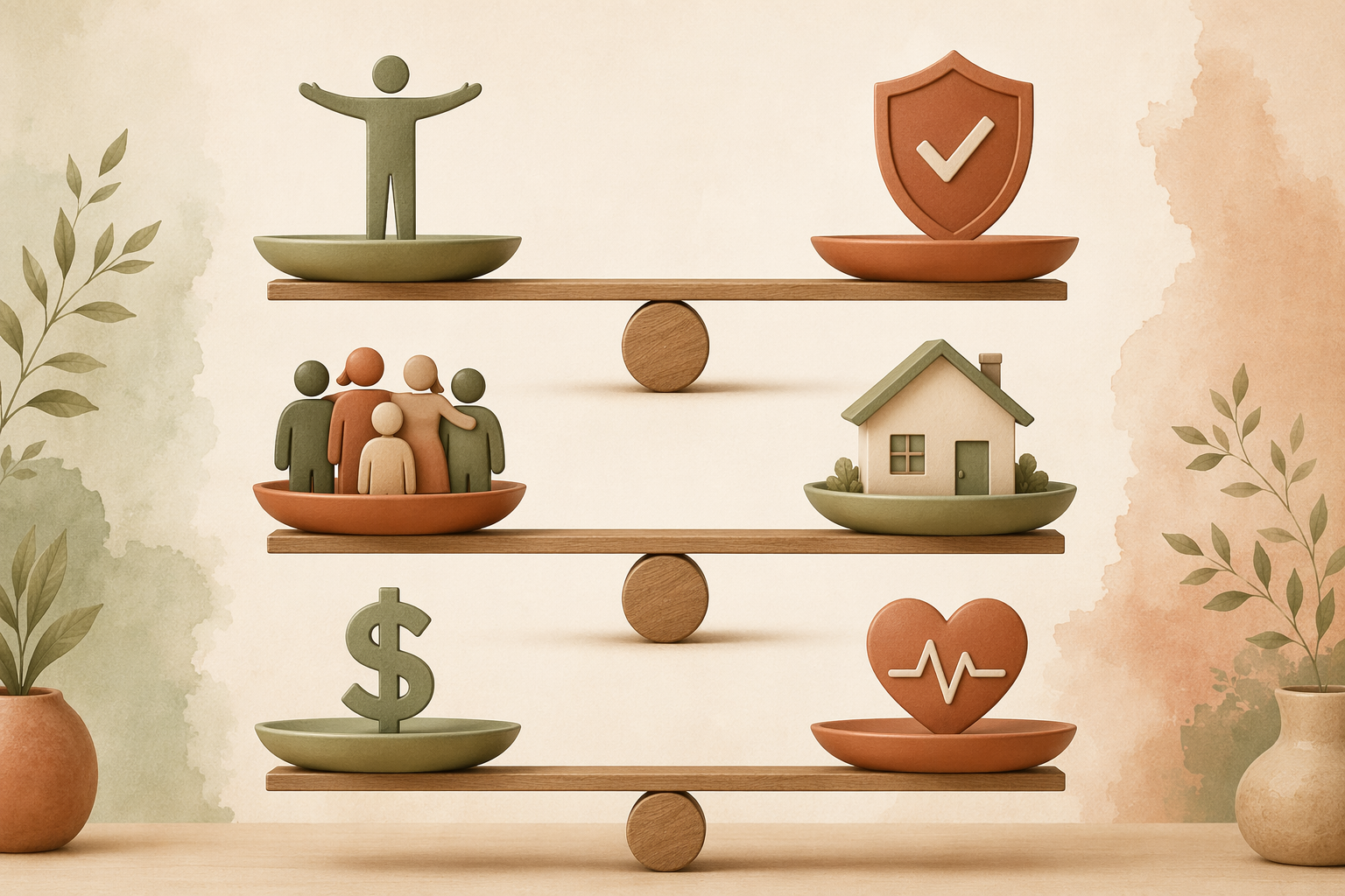An editorial illustration showing three balancing scales representing senior care trade-offs. Top scale balances a solitary figure with arms open (independence) against a figure with a shield (safety). Middle scale balances a group of figures (socialization) against a house icon (familiarity). Bottom scale balances a dollar sign (cost) against a heart with a pulse line (care intensity).