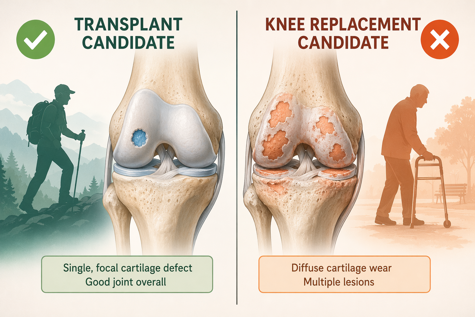 Comparison of a focal cartilage defect suited to transplant and diffuse knee cartilage wear suited to replacement