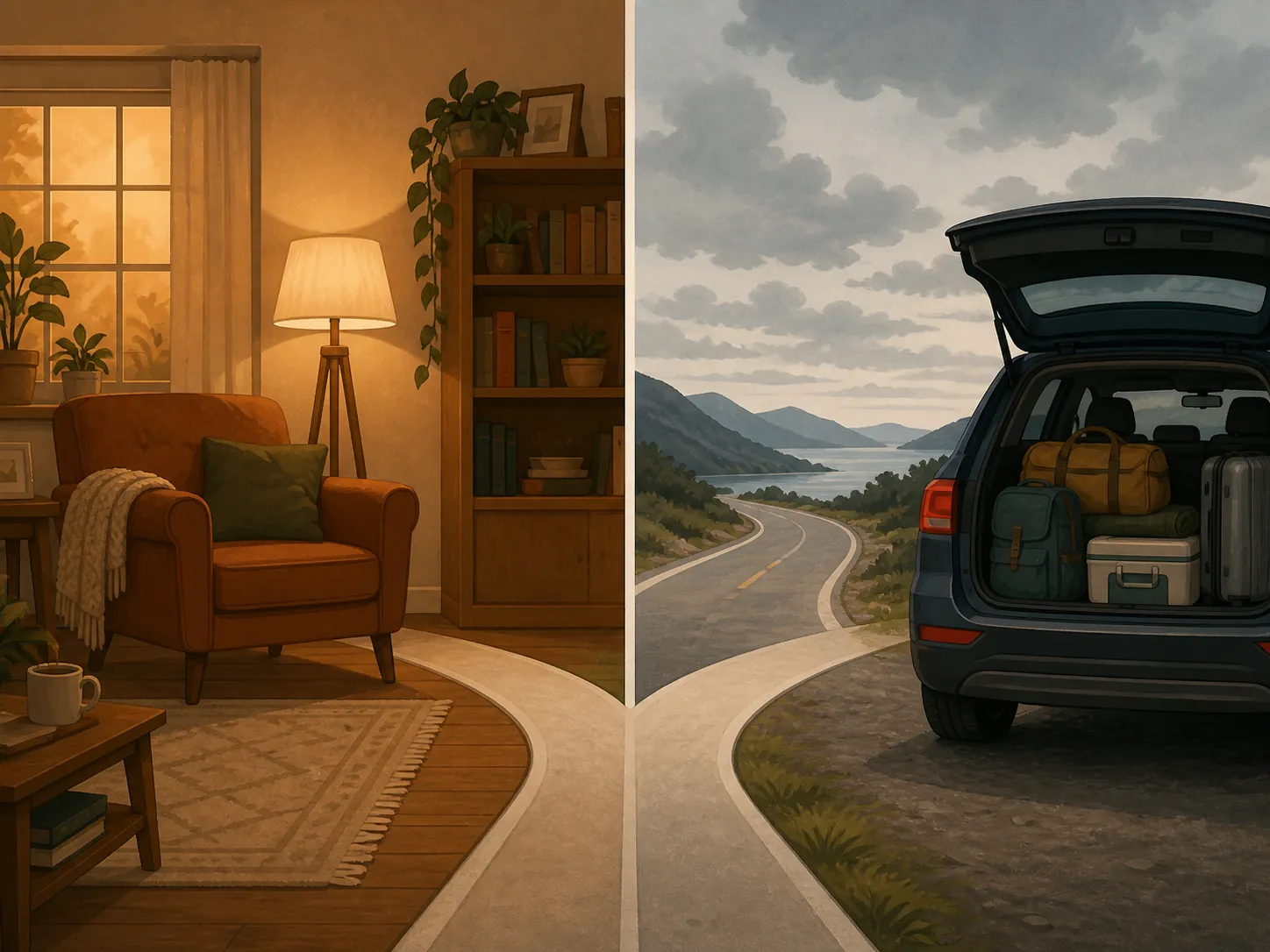 Illustration of a decision point branching between staying in a home and evacuating by car