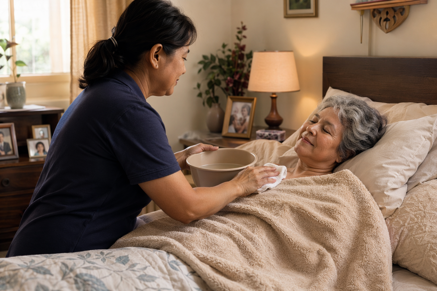 A caregiver performing an in-bed towel bath for an older adult lying in bed, covered with a warm towel. Soft lighting, calm atmosphere, dignified care setting.