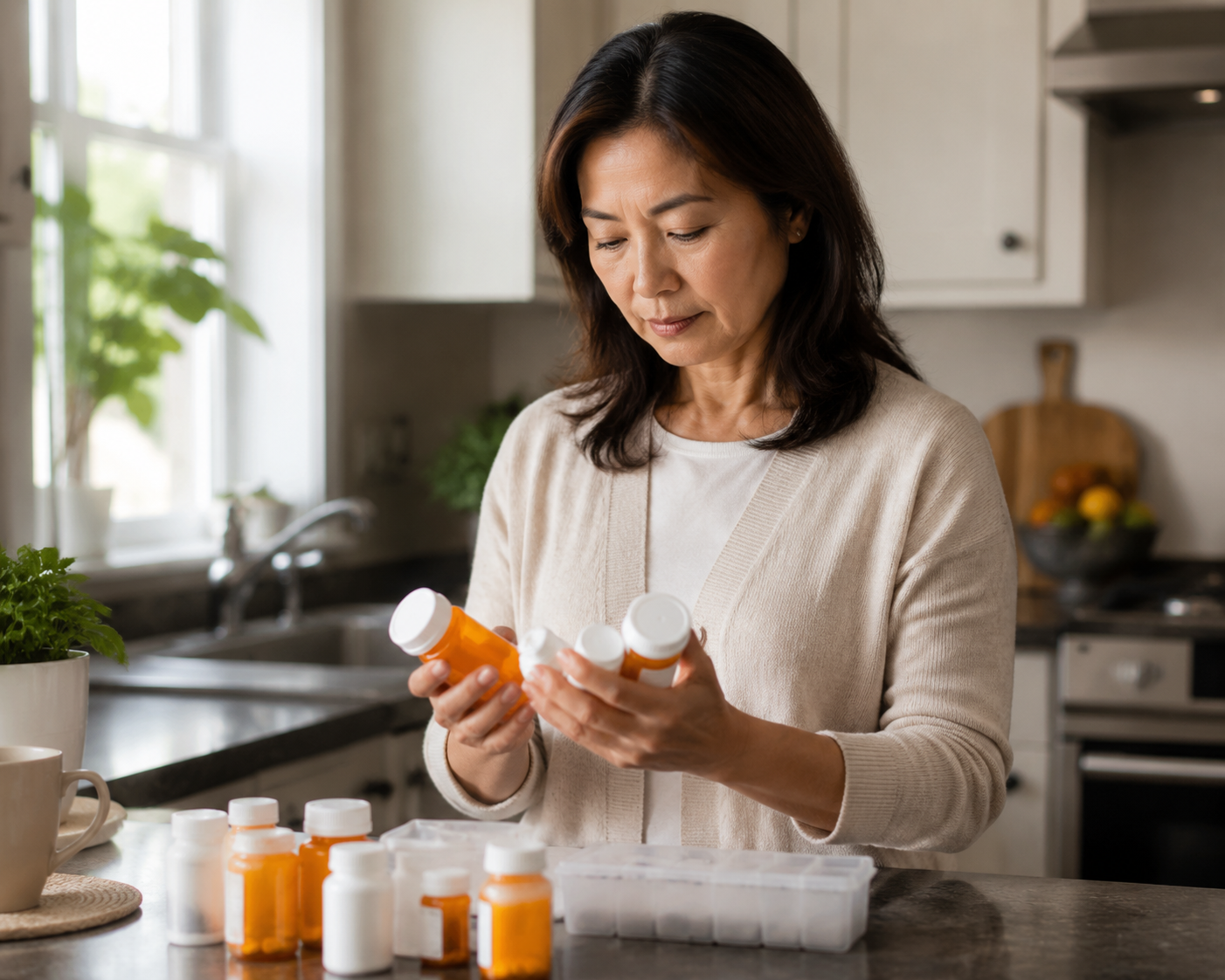 A middle-aged woman examining medication bottle labels in a kitchen
