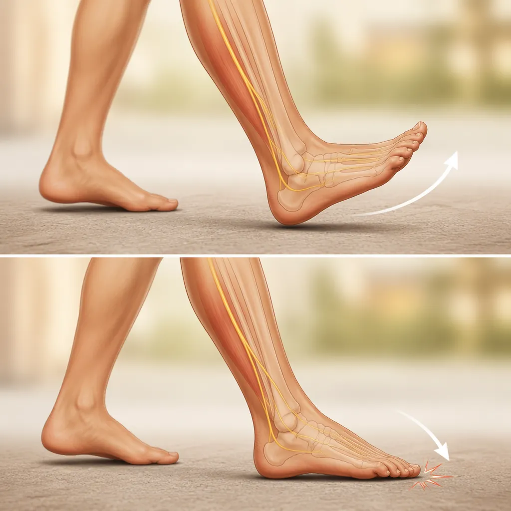 Side-view diagram showing normal ankle lifting compared with foot drop causing the toe to catch the floor