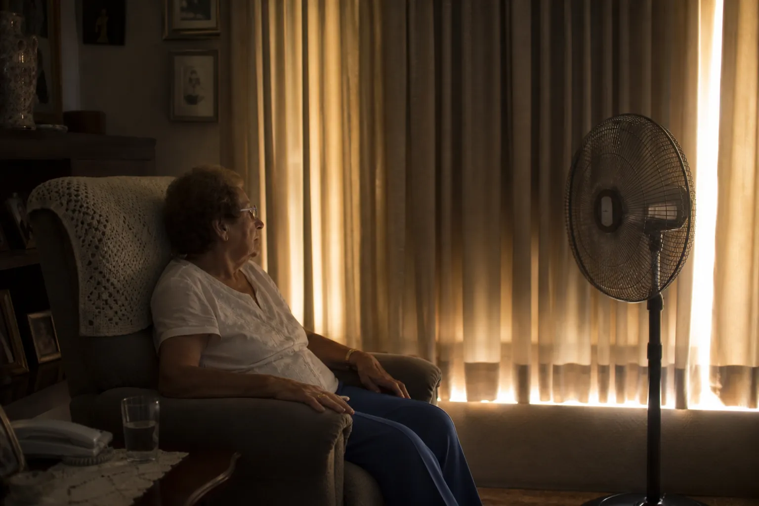 Older woman resting in a shaded living room with curtains drawn, a fan, water, and phone nearby during a summer heat warning