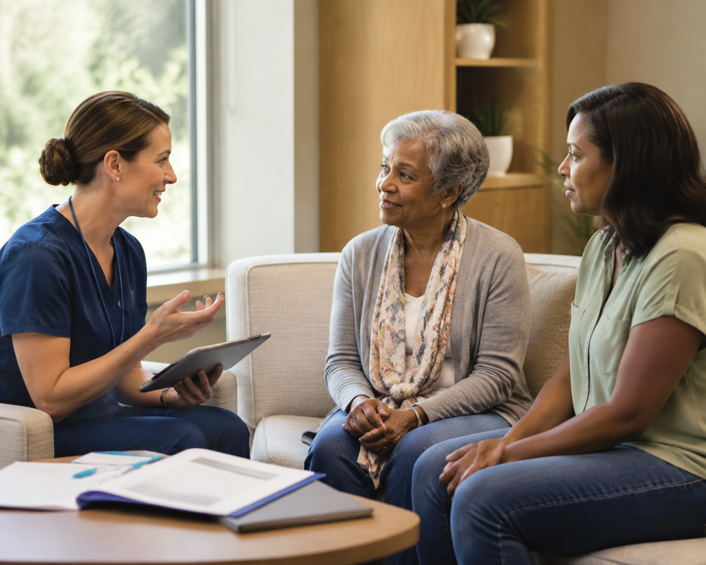 A nurse navigator discussing clinical trial information with an older adult and adult daughter in a consultation room