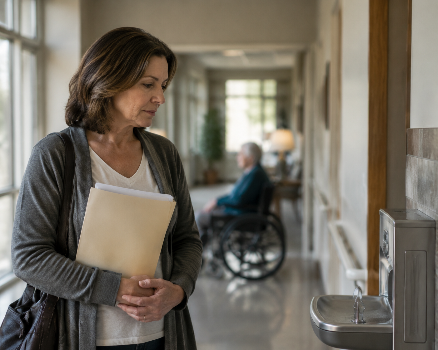 Adult daughter in a senior living hallway holding a folder near a water fountain