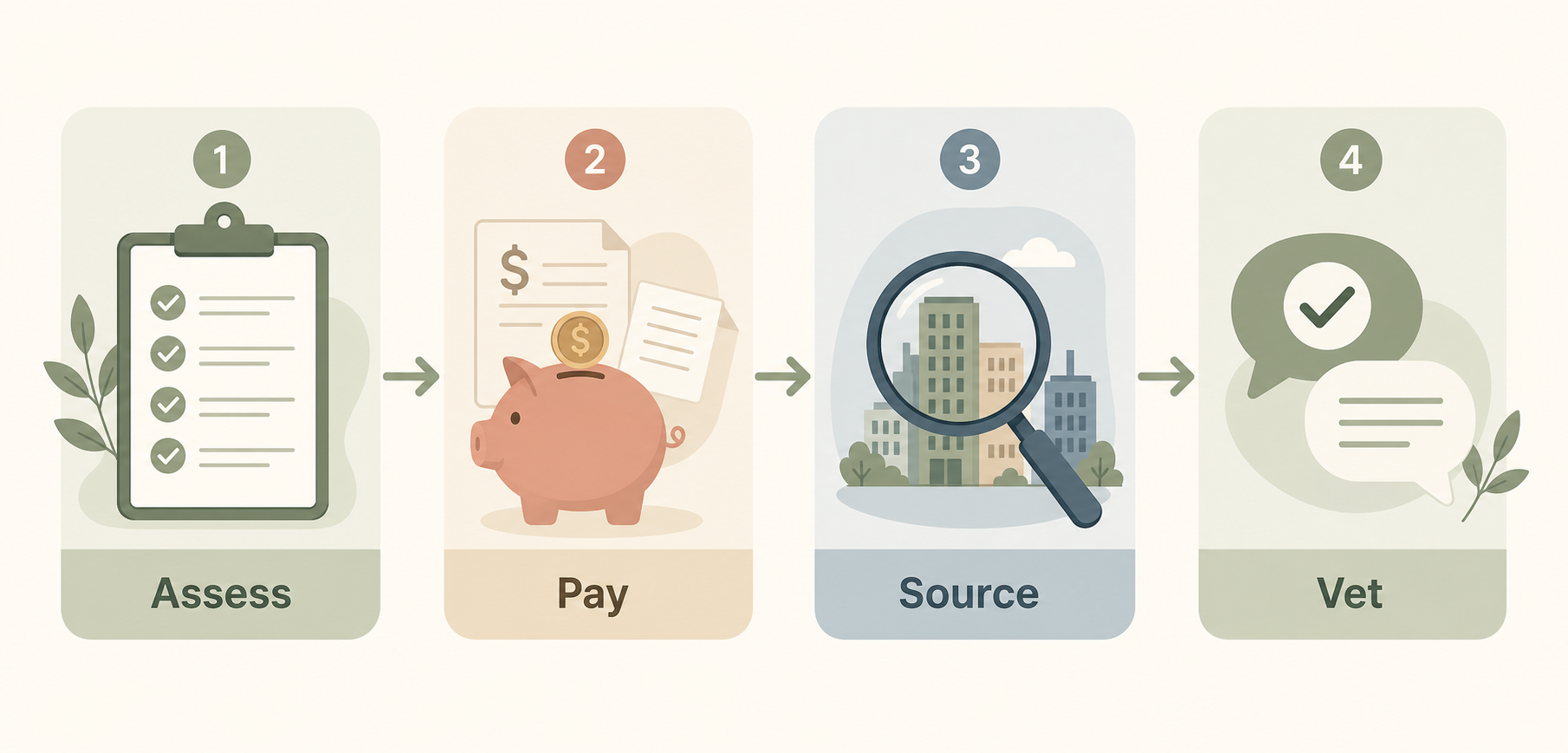 A four-step process illustration showing Assess, Pay, Source, and Vet connected by arrows in a warm sage green and beige palette.