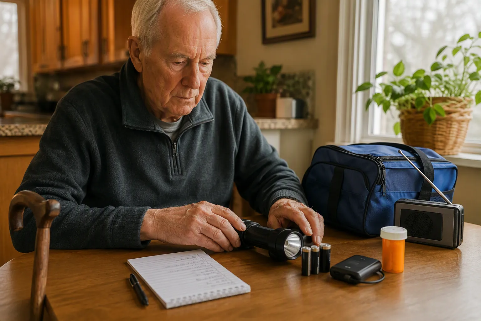 Senior organizing an emergency kit with a flashlight, medication bottle, phone charging pack, radio, checklist, and cane nearby