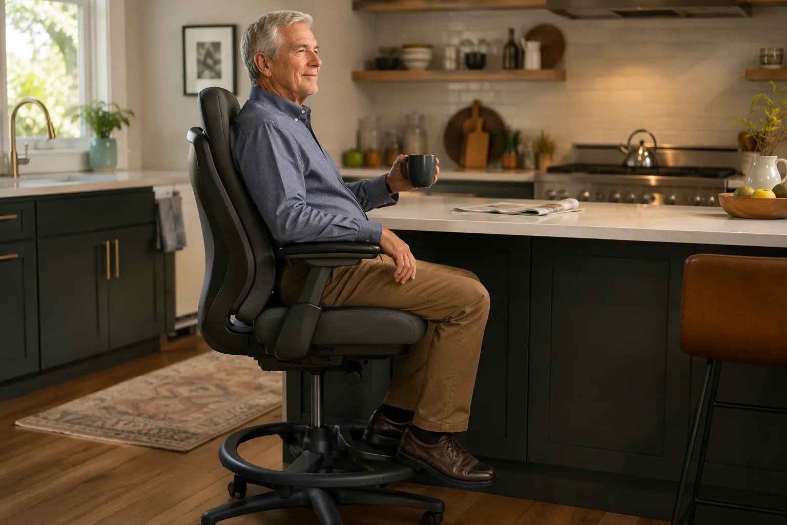 Older man seated upright on a counter stool with a full backrest, armrests, and foot support at a kitchen island