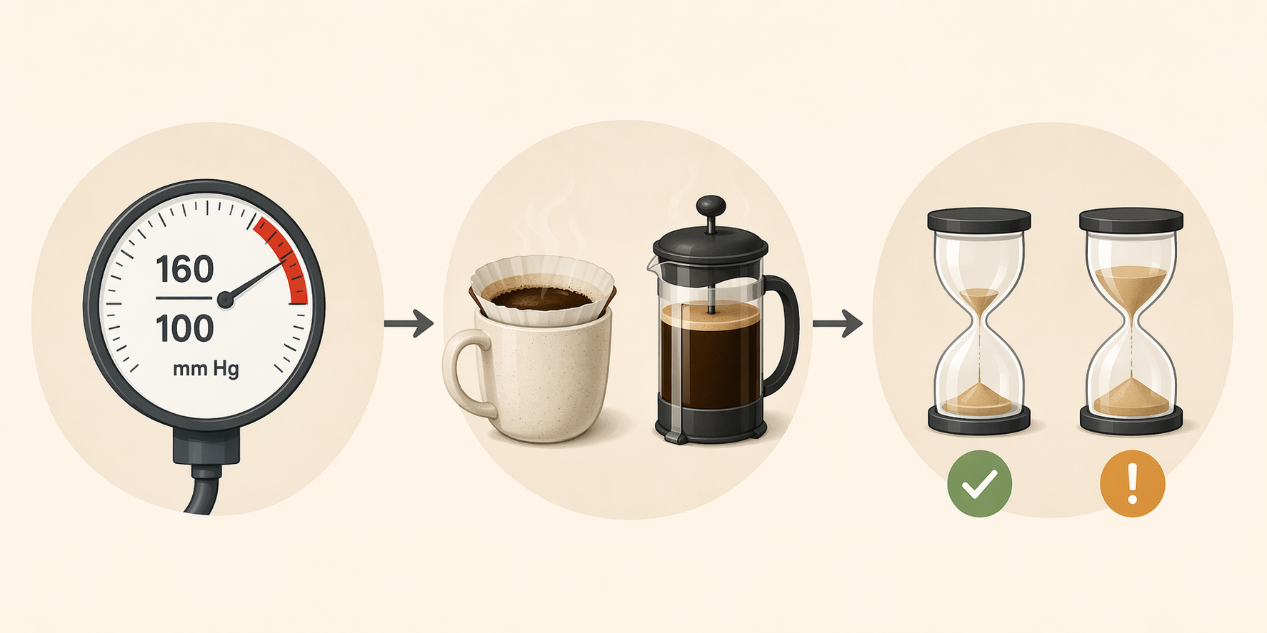 Three coffee safety checkpoints showing 160 over 100 blood pressure, filtered versus unfiltered coffee, and fast versus slow caffeine metabolism