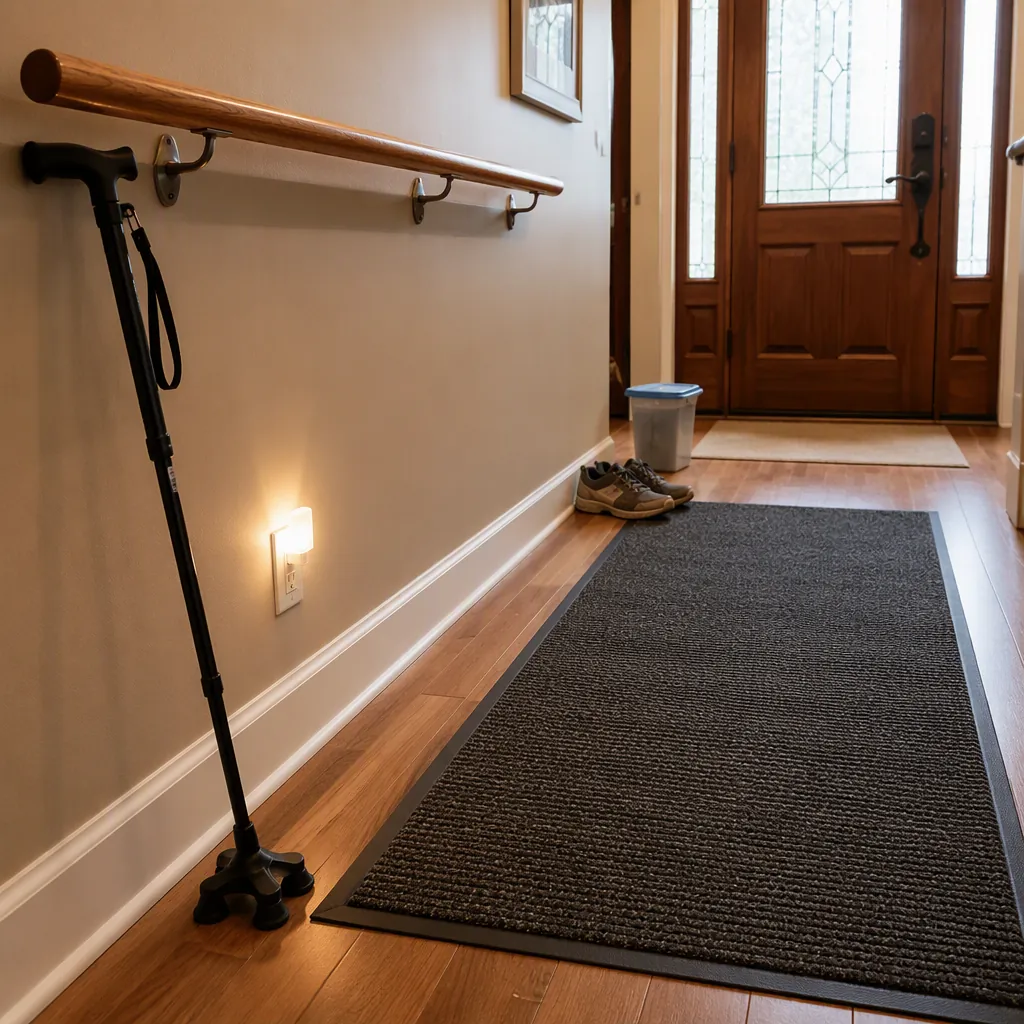Clear hallway with nightlight, handrail, rubber-backed mat, rubber-soled shoes, cane with ice-gripper tip, and traction material near the entrance