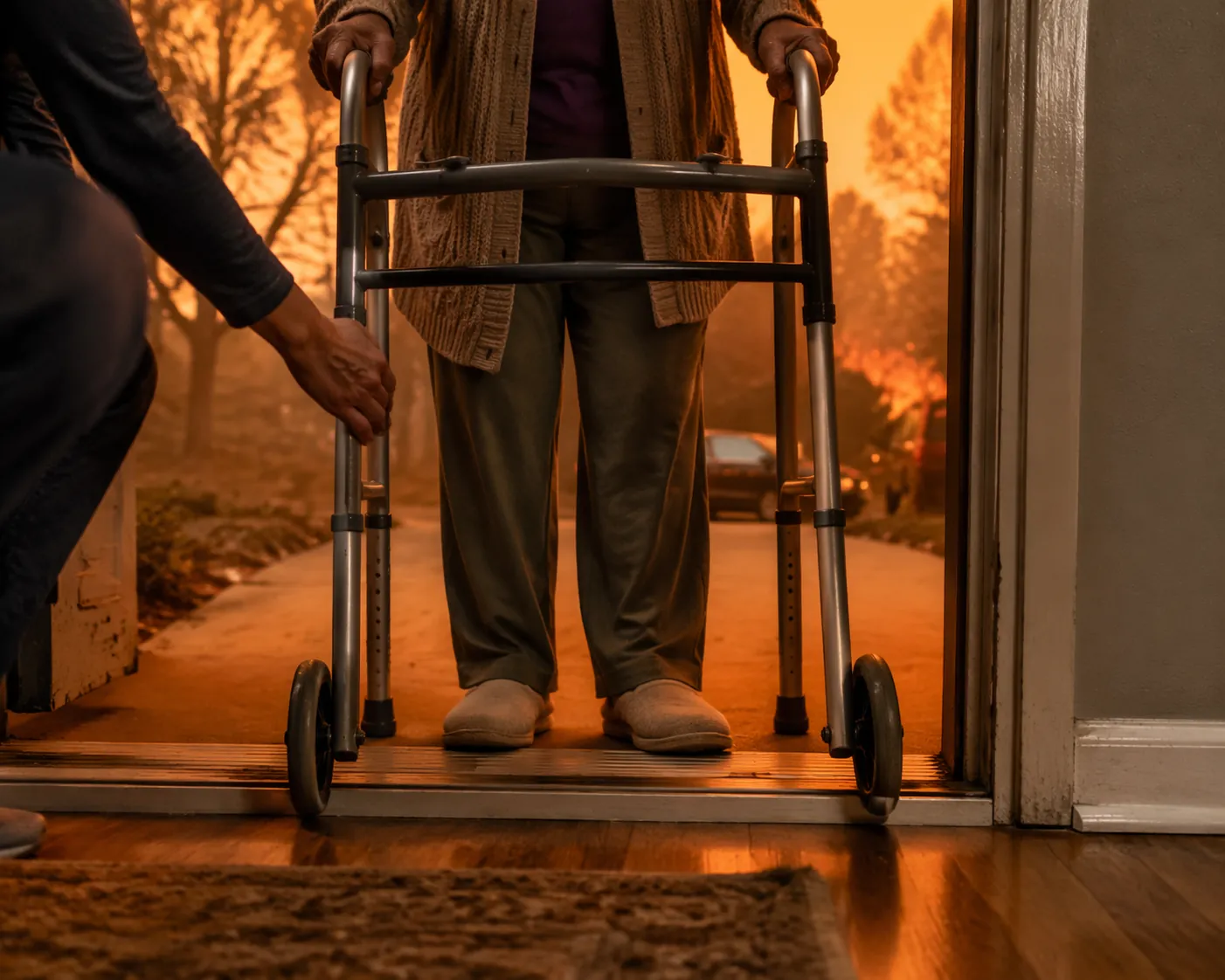 Walker wheels positioned at a raised doorway threshold while a caregiver guides the frame