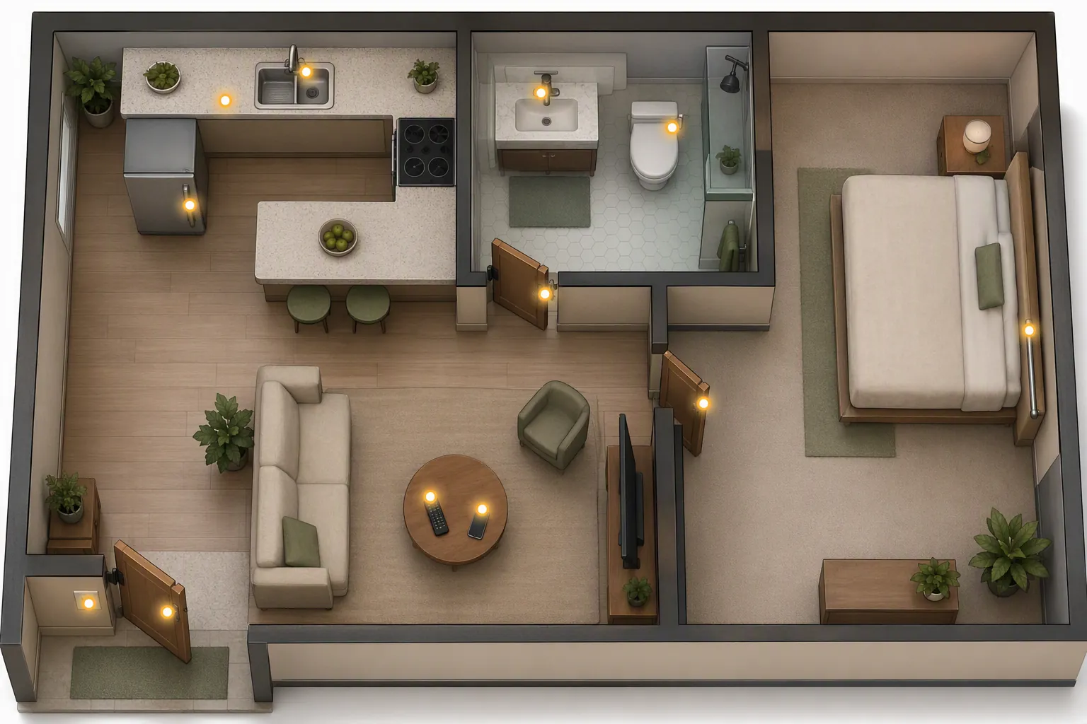 Room-by-room home layout showing high-touch surfaces in entryway, kitchen, bathroom, living room, and bedroom