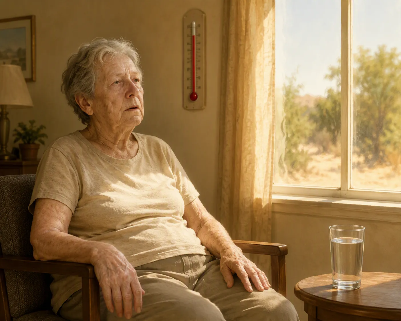 Older adult sitting alone in a hot room with an untouched glass of water