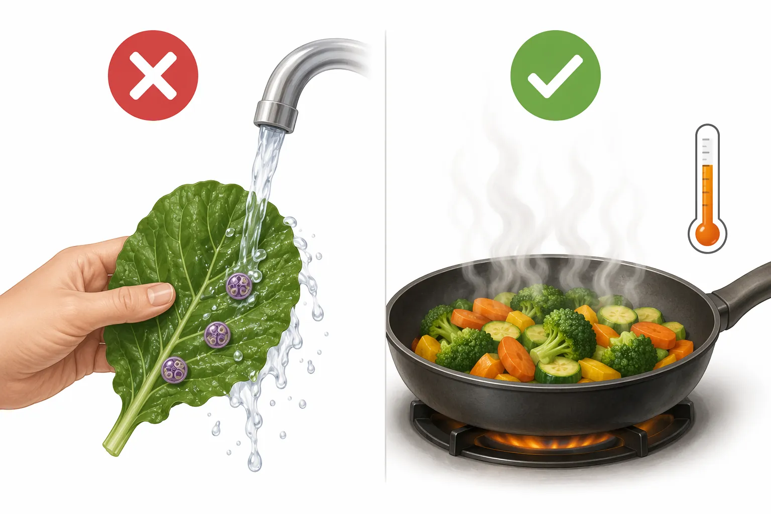 Illustration comparing rinsed leafy greens with cooked vegetables at 158°F or 70°C
