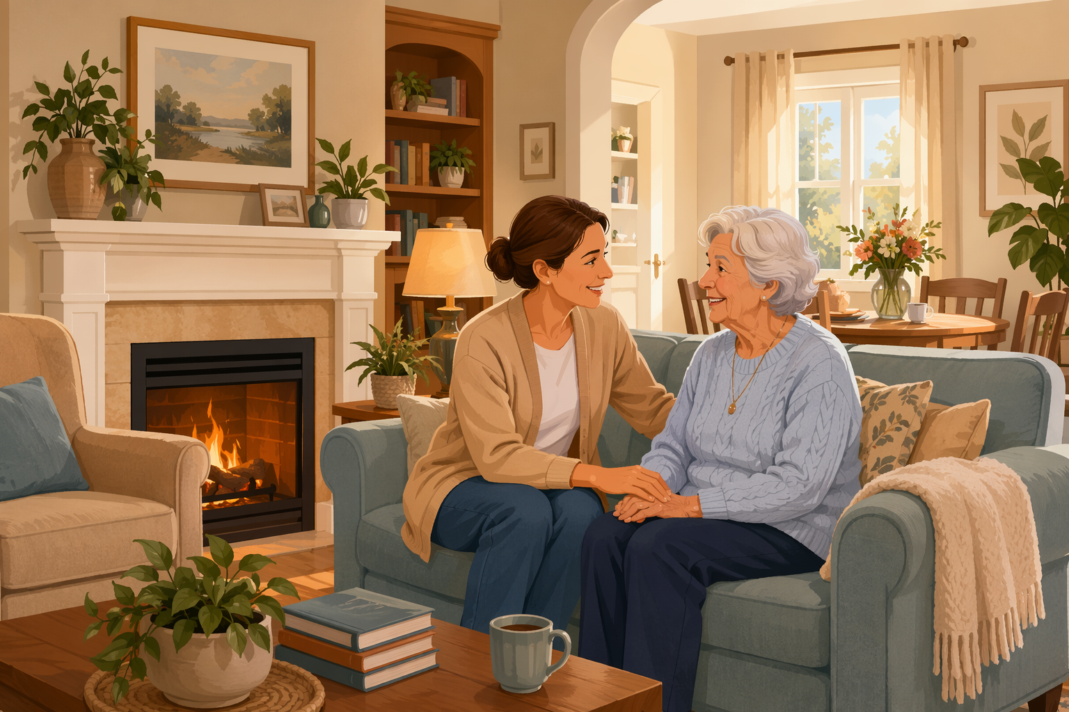 A warm, cozy living room in a residential care home with a caregiver sitting beside an elderly resident on a sofa, talking warmly. A fireplace, houseplants, and a dining table with flowers create a home-like atmosphere.