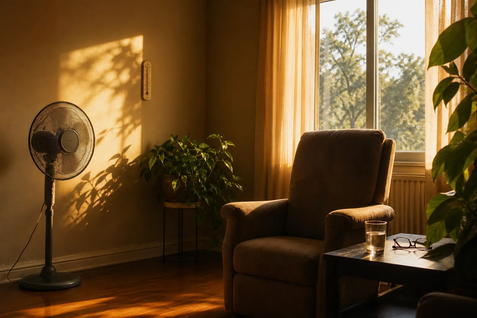 Senior living room during a summer power outage with idle fan, thermometer, water glass, and bright hot sunlight