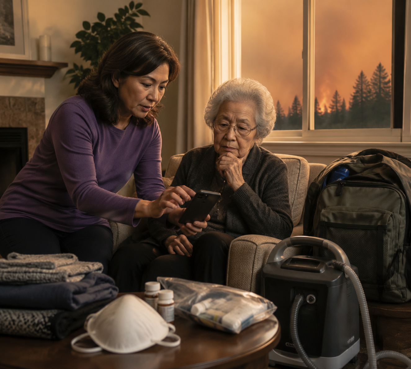 Caregiver and older adult beside a packed go-bag and oxygen case with a wildfire alert on a phone.
