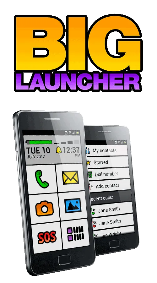 BIG Launcher home screen with oversized buttons, clock, date, and SOS icon
