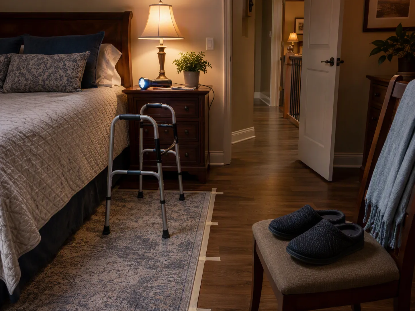 Bedroom prepared before a storm with a flashlight within reach, walker facing the doorway, taped rug edges, and non-skid slippers nearby