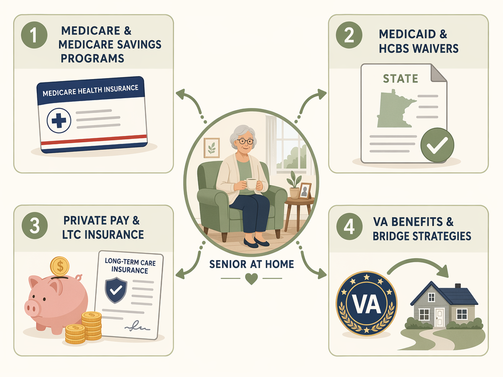 A diagram showing four payment source categories for senior care: Medicare and Savings Programs, Medicaid and HCBS Waivers, Private Pay and LTC Insurance, and VA Benefits and Bridge Strategies, all connected to a central senior-at-home icon.