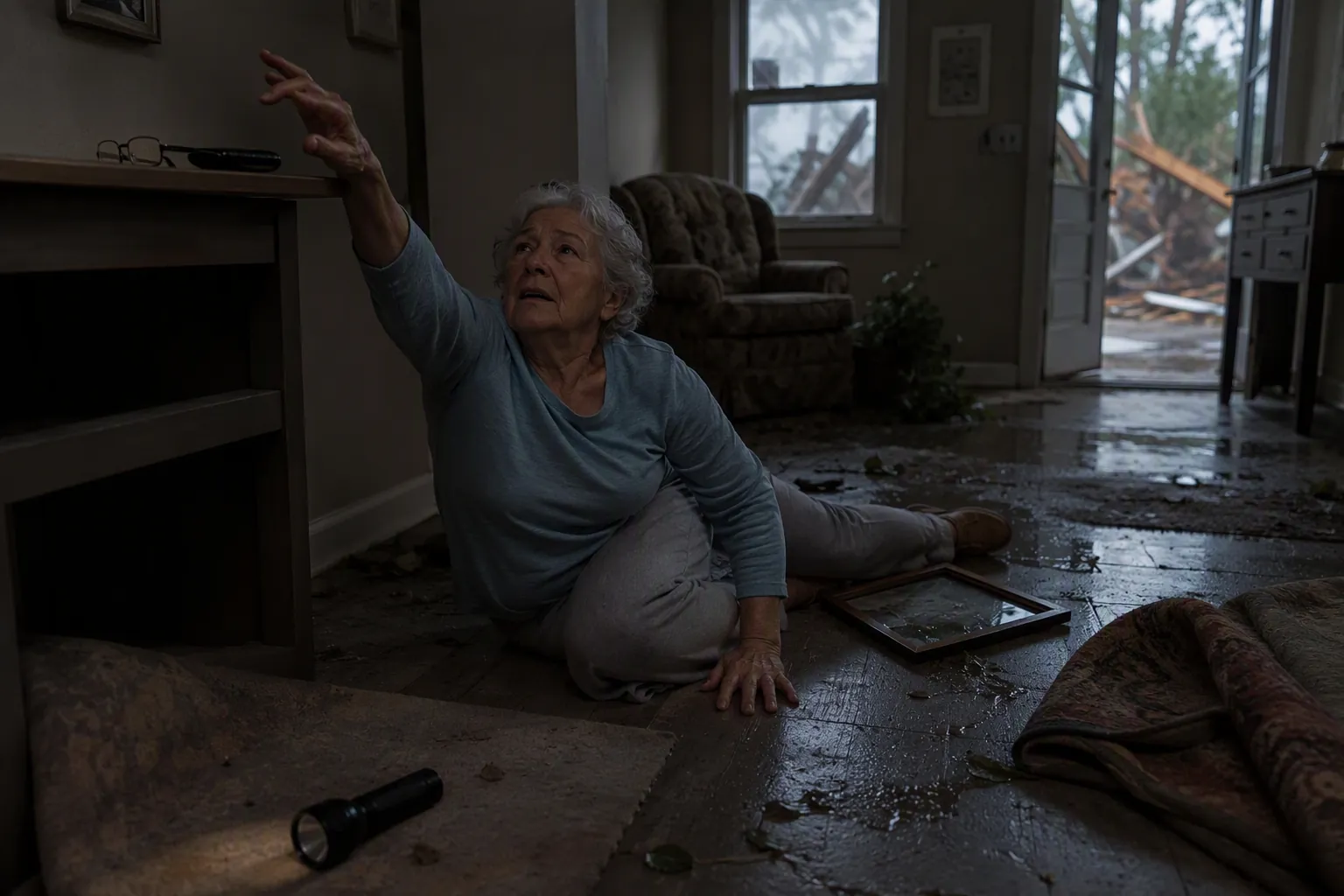 Senior home interior after a typhoon with debris, wet floor, bunched rug, and unreachable phone and glasses
