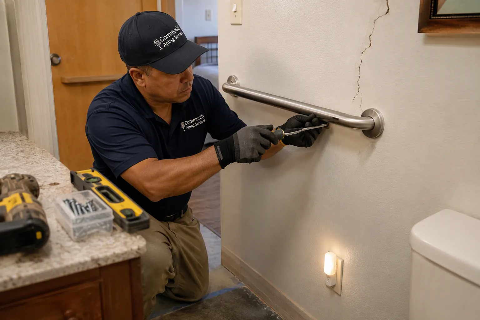 Community aging-service worker reinstalling a metal grab bar in a senior bathroom after earthquake damage