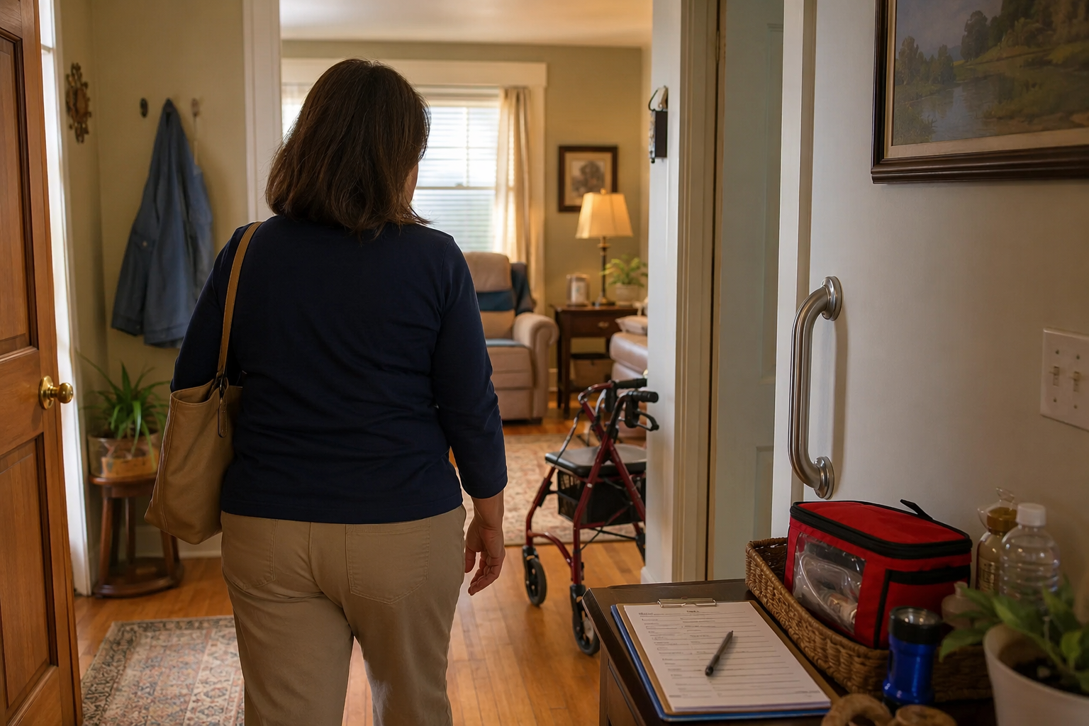 Caregiver reviewing a flood safety checklist in an older adult’s home hallway with a walker and emergency kit nearby