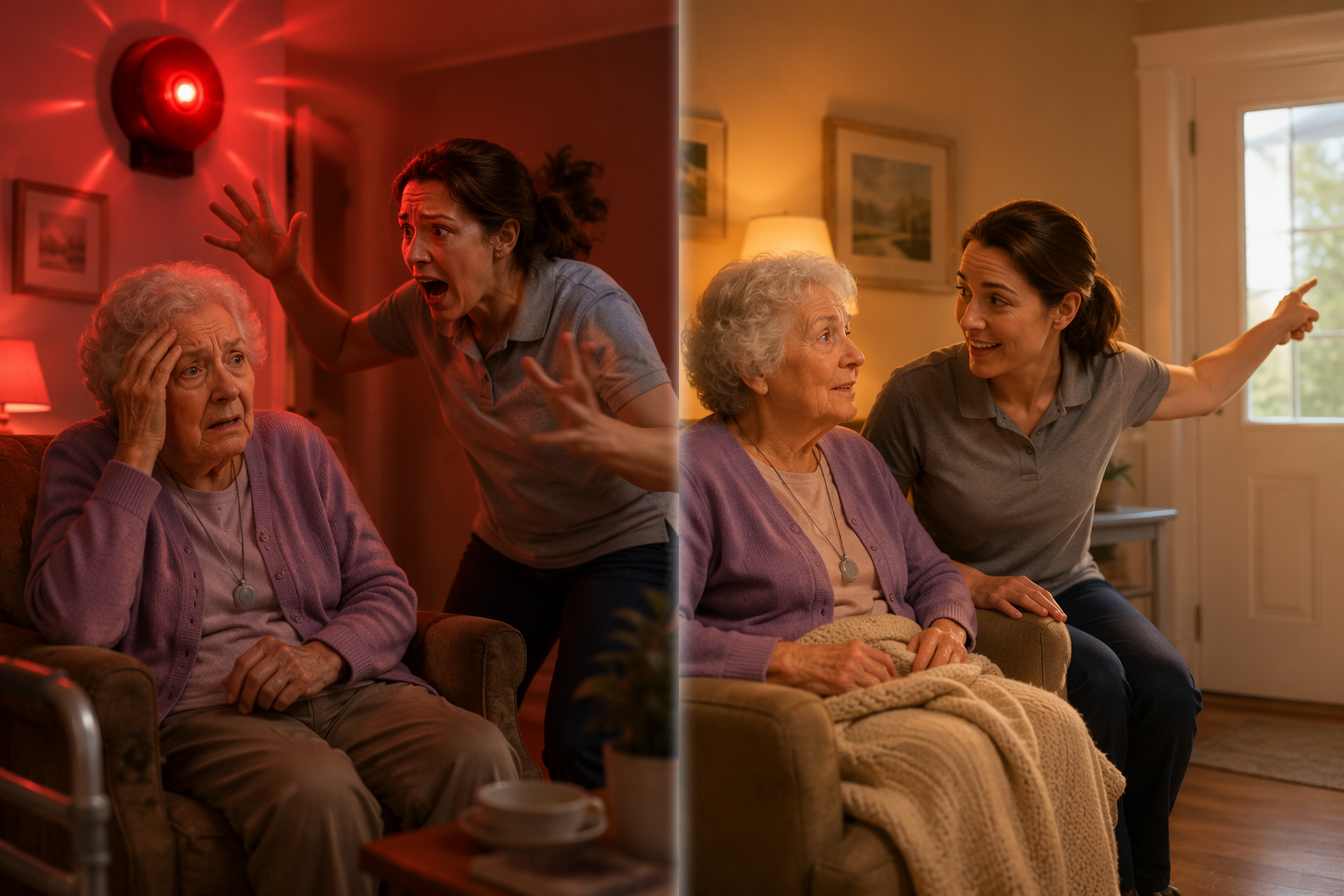 Side-by-side illustration of a distressed fire drill on one side and a calm caregiver walk-through on the other