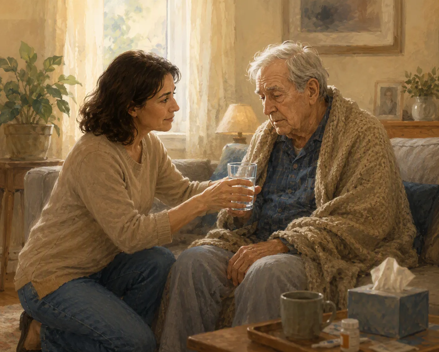 Caregiver offering water to a tired older adult resting on a sofa during illness at home