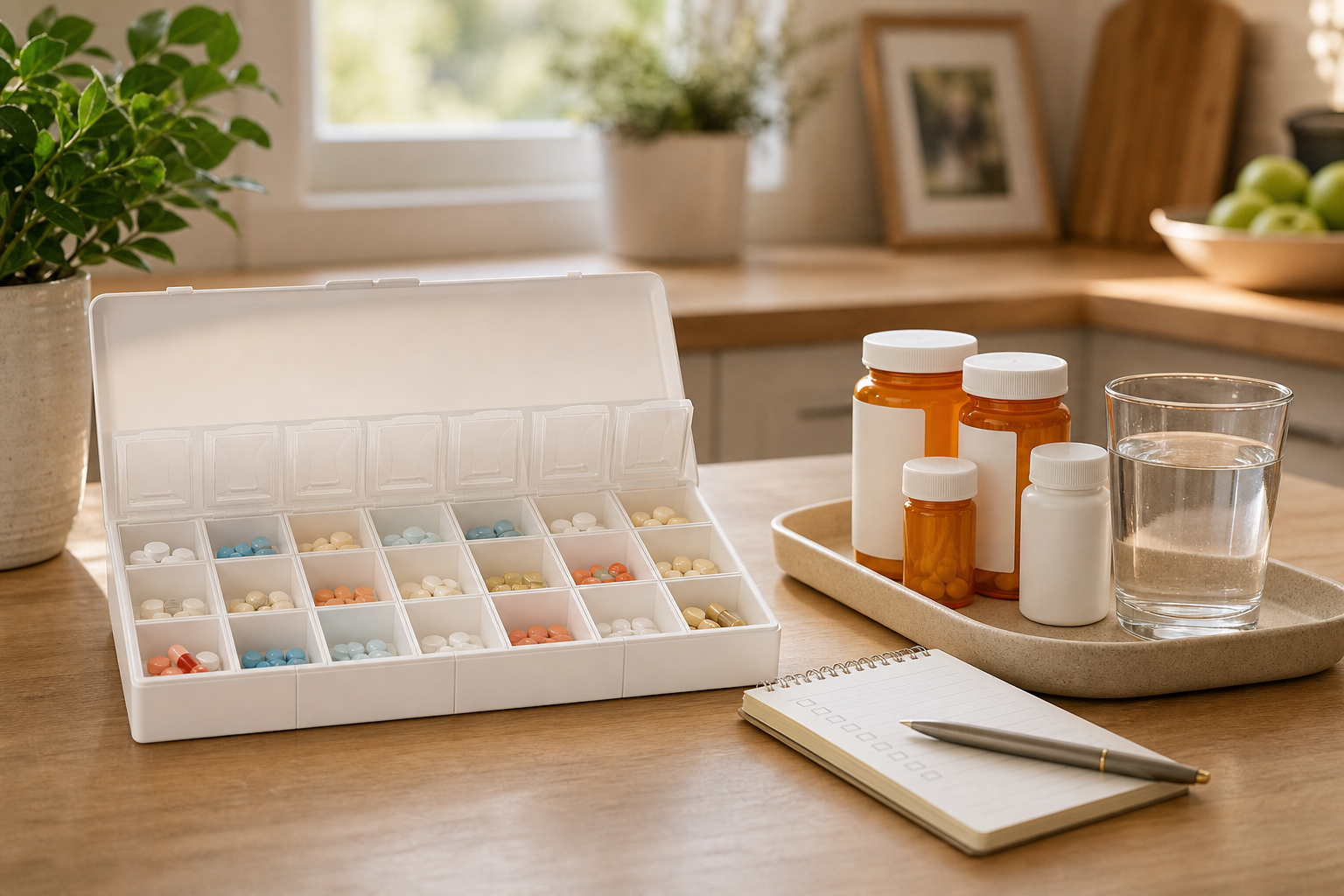 A clean kitchen counter medication station with an open weekly pill organizer, prescription bottles, a glass of water, and a small checklist notepad.