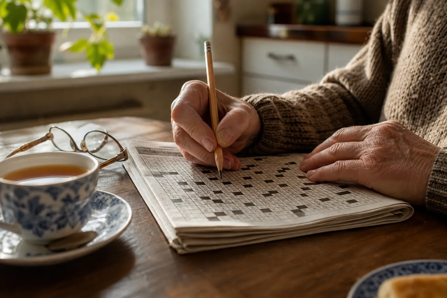 Older adult completing a newspaper crossword at a kitchen table with tea and reading glasses nearby