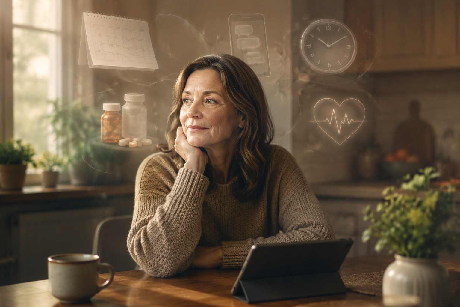 A woman at a kitchen table with caregiving task icons above her and a tablet nearby
