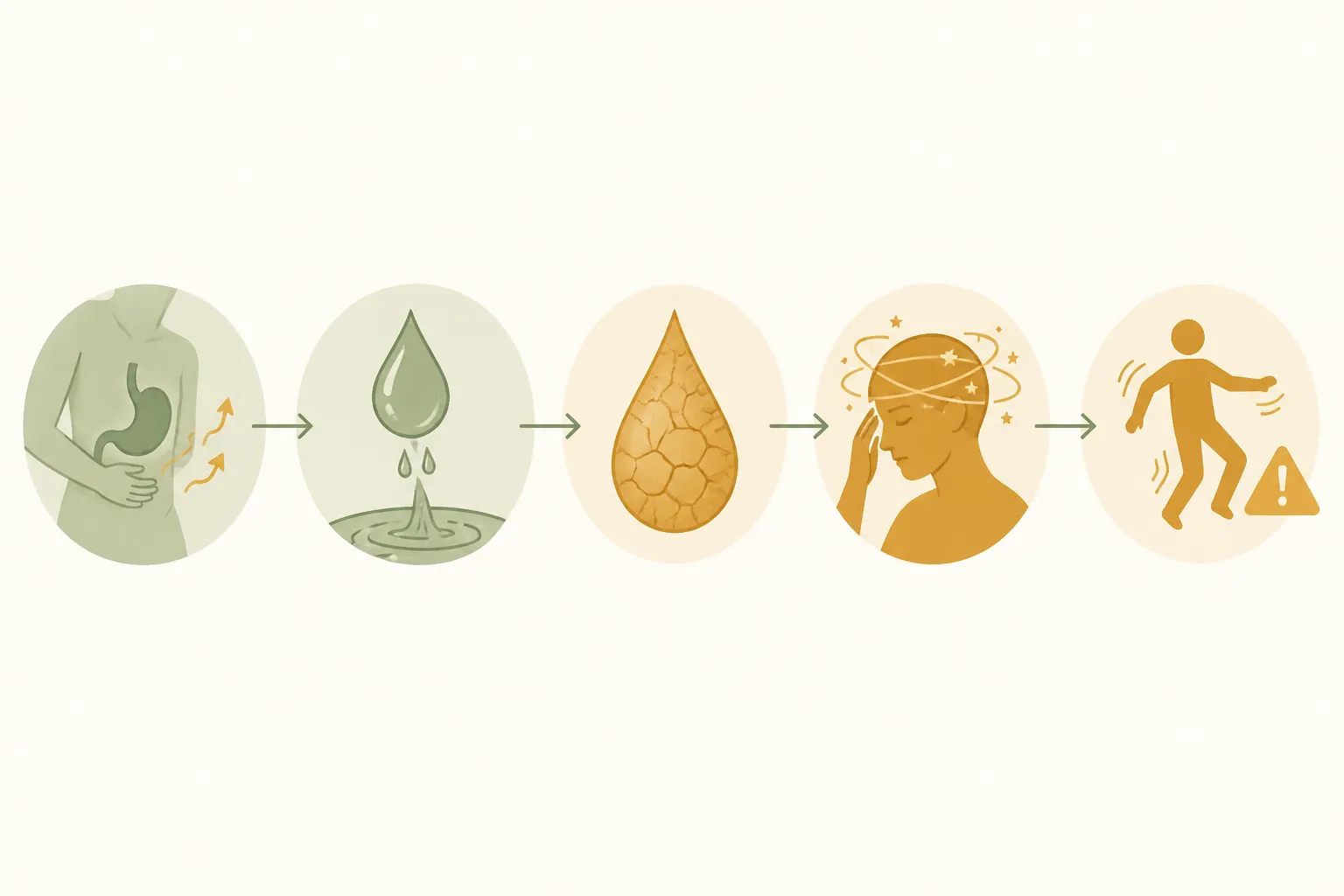 Icon chain showing upset stomach leading to fluid loss, dehydration, dizziness, and fall risk