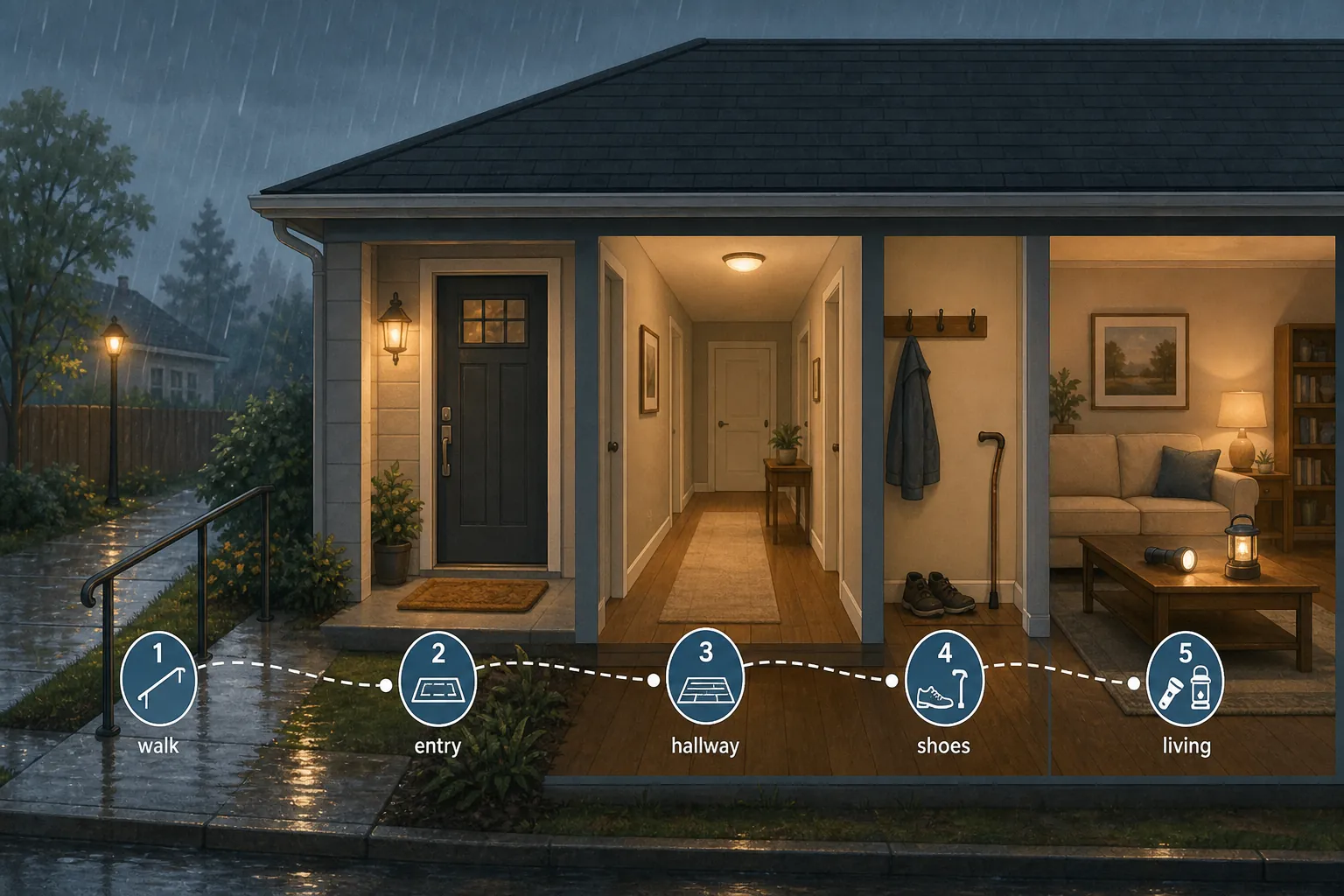 Illustrated rainy-day inspection route from wet front walk to entryway, hallway, mobility gear, flashlight, and lit room